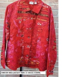 CHICOS BLAZER/JACKET, SILK. RED SIZE 3